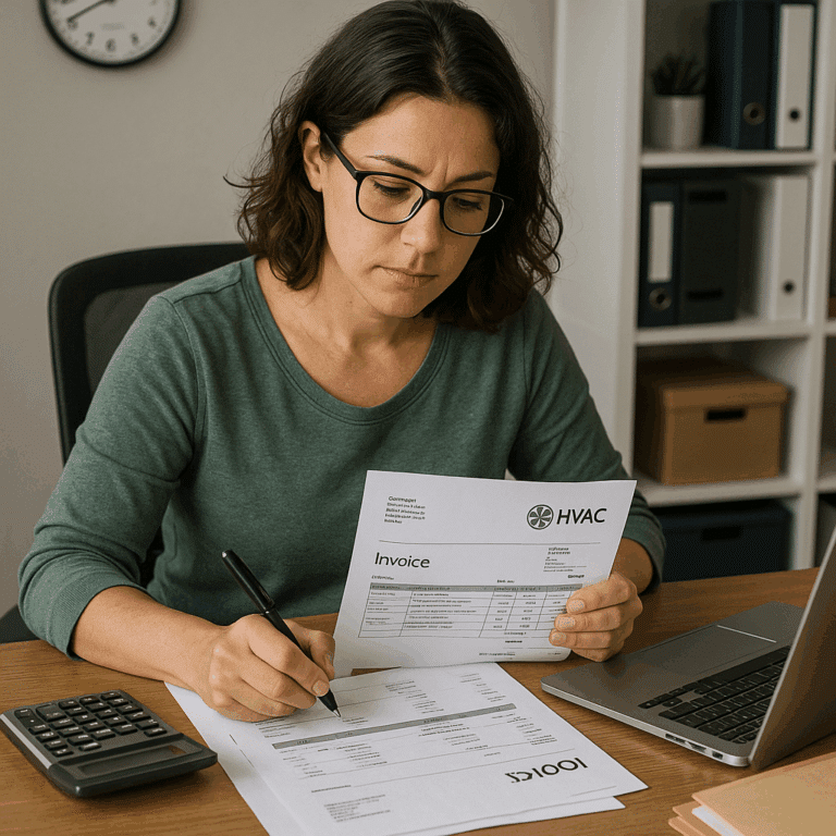 Bookkeeper reviewing HVAC invoices and entering data at her desk with a laptop and calculator.